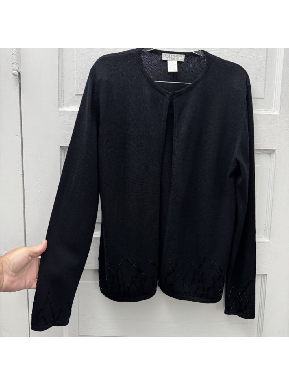 Sutton Studio Black Silk Cashmere Beaded Open Front Cardigan Sweater L